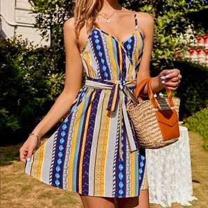 Surplice front striped belted cami dress